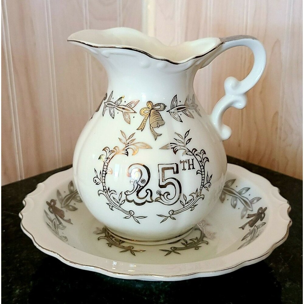 Lefton China Hand Painted 25th Anniversary Bowl And Pitcher from Japan #5992
